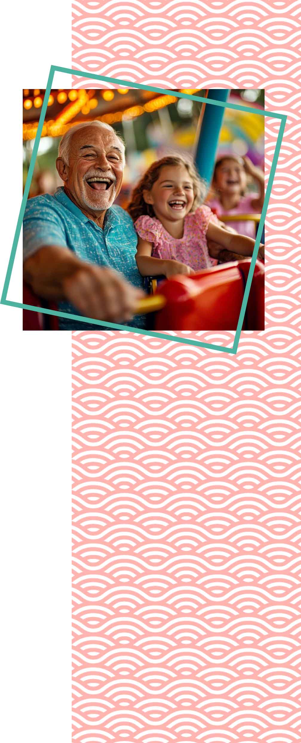 Grandfather on an amusement park ride with his grand kids