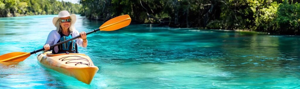 Woman kayaking in clear blue water